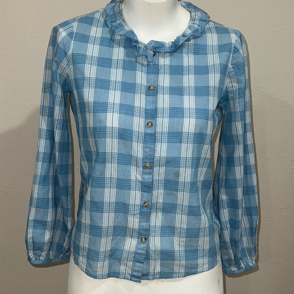 Madewell light blue checkered ruffled xxs blouse